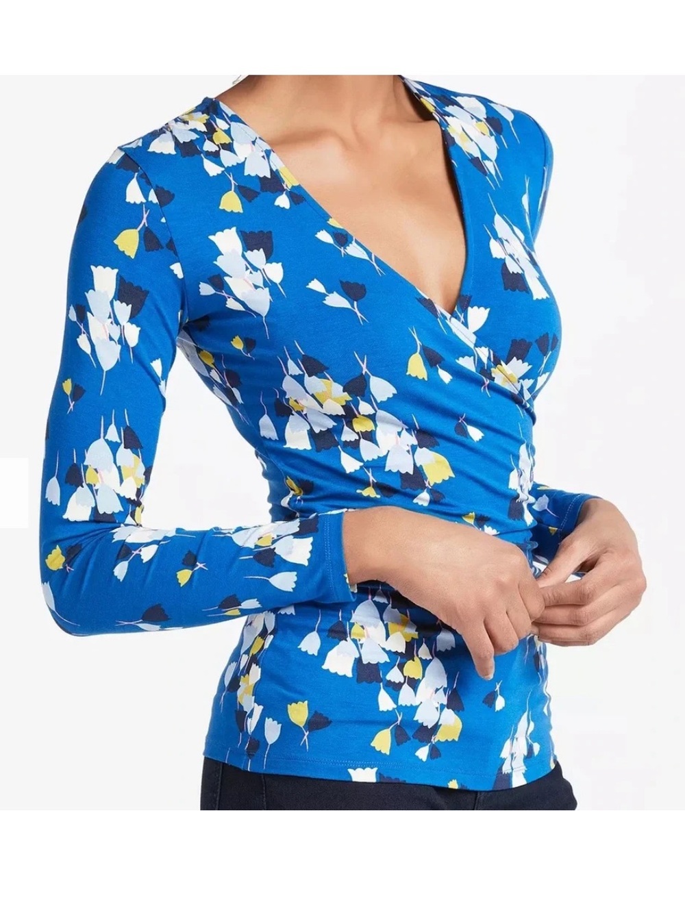 Boden Blue Floral Wrap Front Long Sleeve Top Blouse Size 16 - Picture 2 of 6